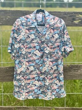 Caribbean Hawaiian Camp Shirt Tropical Geometric Print Button Front XL